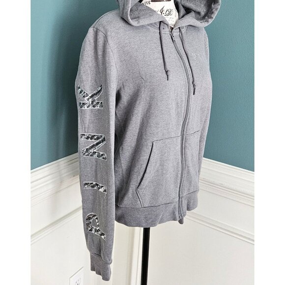 Victoria's Secret L PINK Zip Up Bing Sleeve Grey Sweatshirt Hoodie - Picture 3 of 5